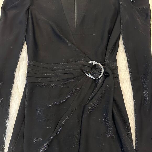 Jonathan Simkhai Metallic Dress V-Neck Puff Sleeve Belted Faux Wrap, Black - Picture 9 of 15